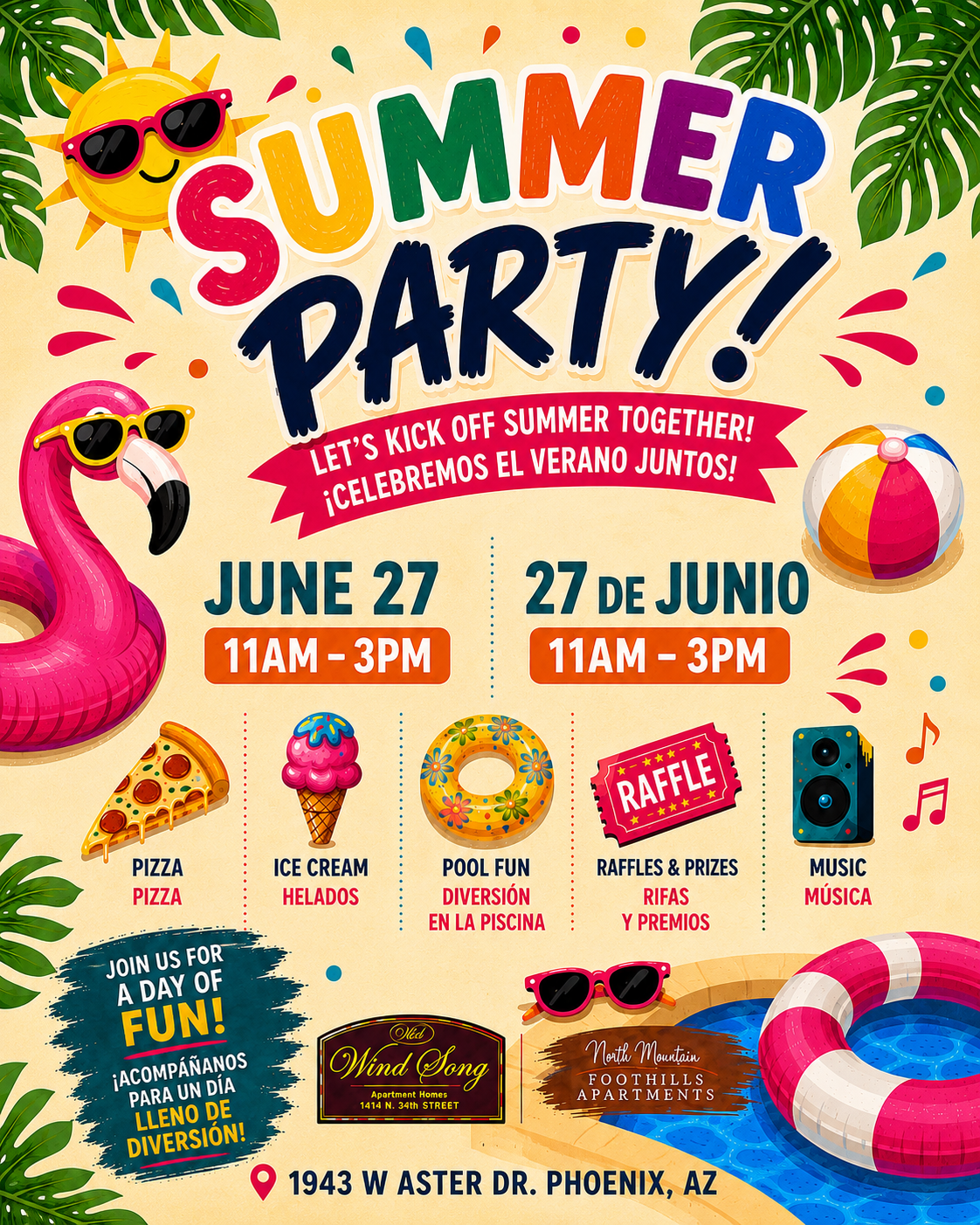 Summer Pool Party flyer, Saturday June 27, 11 AM to 3 PM at North Mountain Foothills